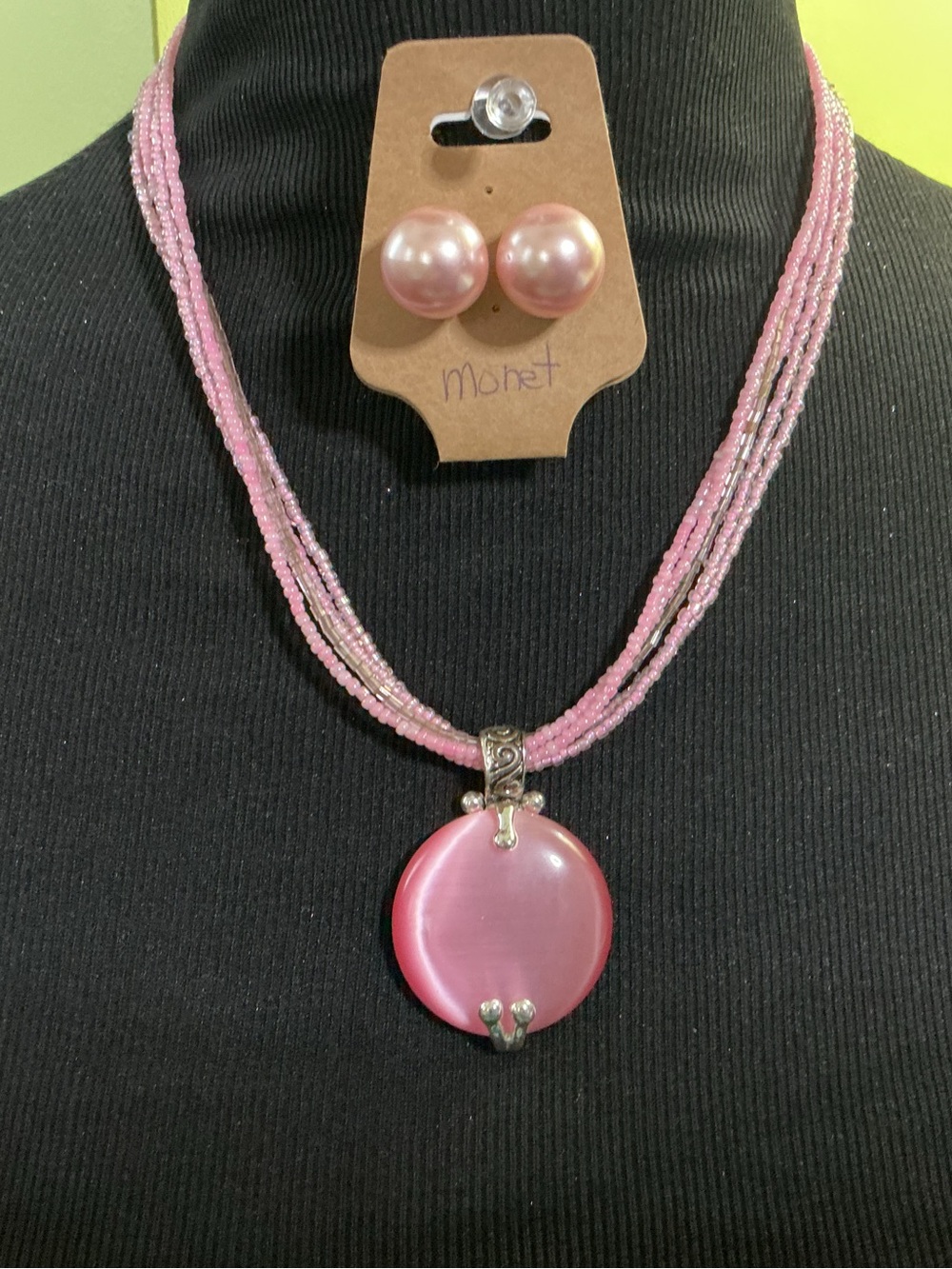Monet Post Earrings Pink 5-Strand Glass Seed Bead Necklace Round Glass Pendant